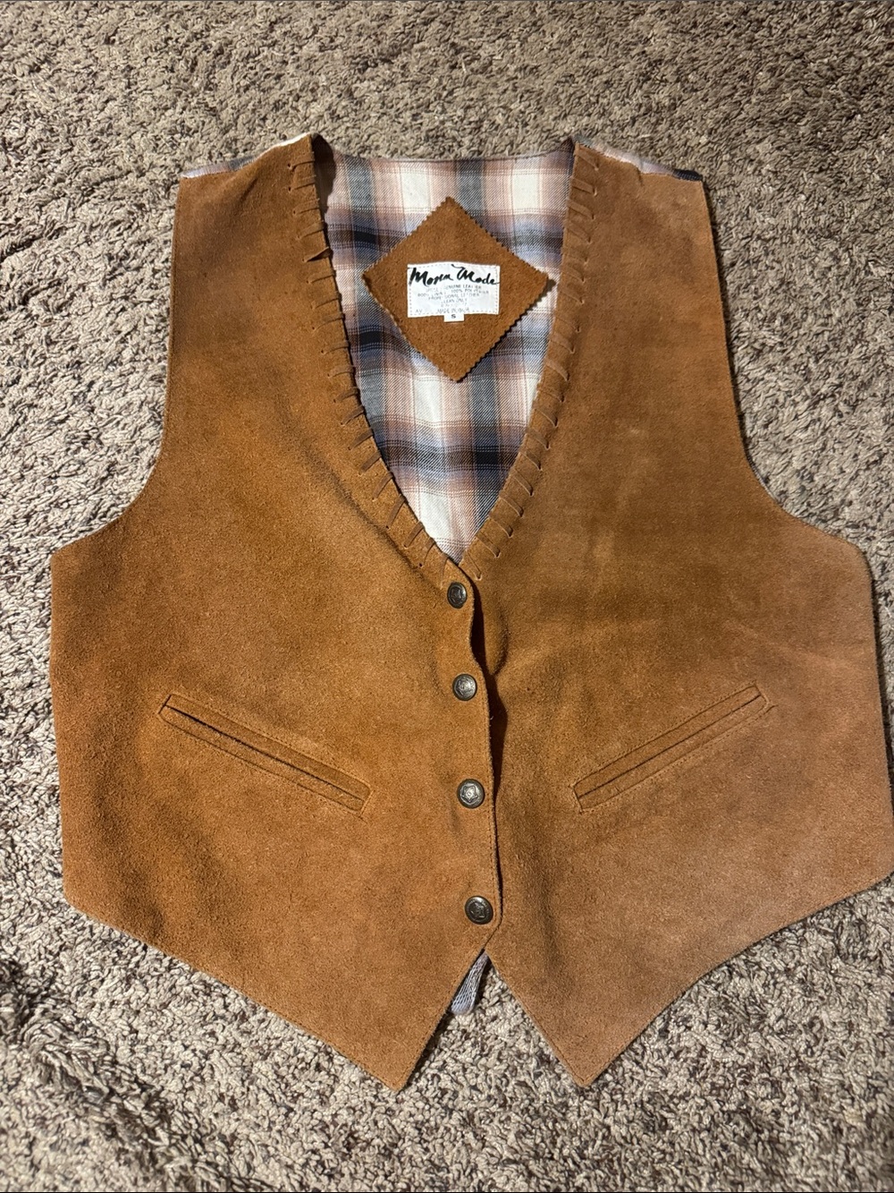 Men's leather Western boho Vest in Brown and plaid